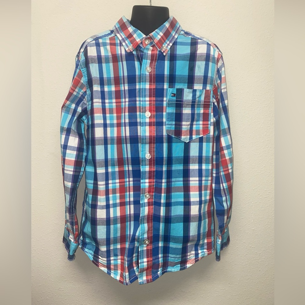 Tommy Hilfiger Boys Collared Shirt Long Sleeve Blue Plaid Button Down Size 8/10